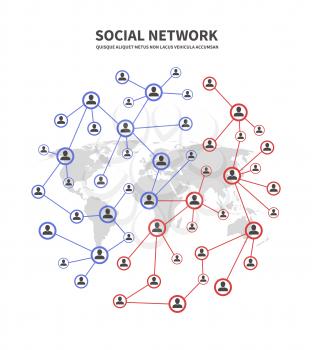 People socia networks and telecommunications, human links vector concept with persons sharing information icons. Illustration of people of connect group team, connection and organization