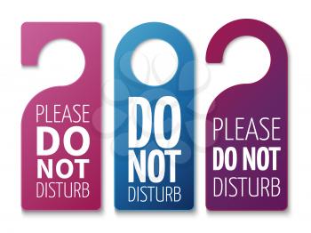 Do not disturb room vector signs. Colorful realistic hotel door hangers isolated on white background illustration