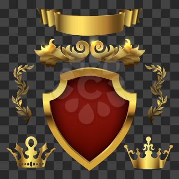 Golden heraldic elements. Kings crowns, banners isolated on transparent background. Vector illustration