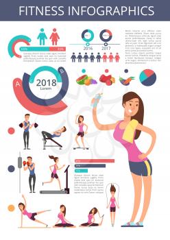 Sports and healthy life vector business infographic with sport person characters, charts and diagrams. Illustration of fitness exercise chart, information infographic diagram sport