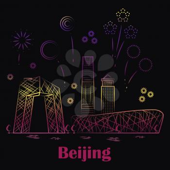 Modern Beijing linear landscape - festive China with fireworks. Vector illustration