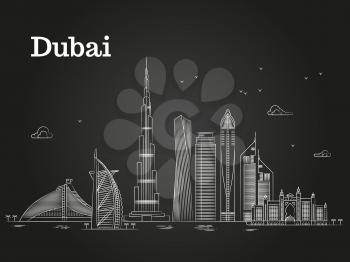 White linear Dubai panorama with skylines and famous buildings. Vector illustration