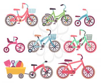Kids bicycles vector set. Childrens bikes collection. Illustration of tricycle and kids bike