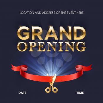 Grand opening ceremonial vector background with gold lettering. Ceremony open with red ribbon illustration