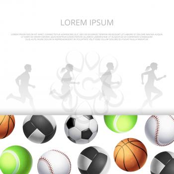Sport, fitness banner template witn realistic balls and running people silhouettes. Vector sport ball for football game, volleyball and basketball illustration