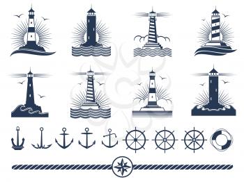 Nautical logos and elements set - anchors lighthouses rope. Vector illustration