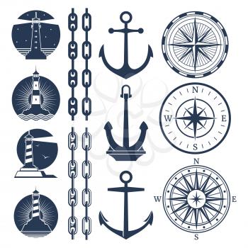Nautical logos and elements set - compass lighthouses anchor chains. Vector illustration