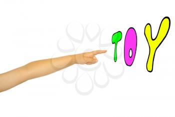 The extended childrens hand with a forefinger on a white background.