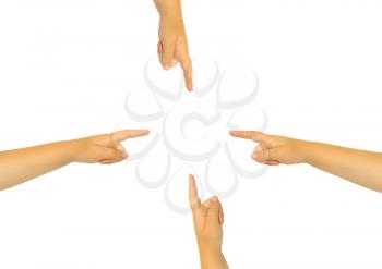 The extended childrens hand with a forefinger on a white background.