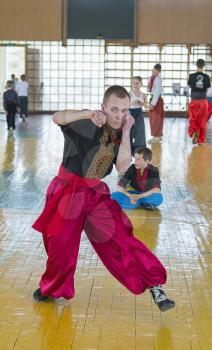 Lviv, Ukraine - April 25.2015: Competitor in the martial arts to perform in the gym in the city park in Lviv, Ukraine