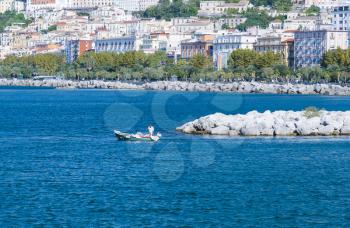  Salerno, Italy - September 29, 2015:Fishing boat leaving the sea port of Salerno, Salerno, Italy.