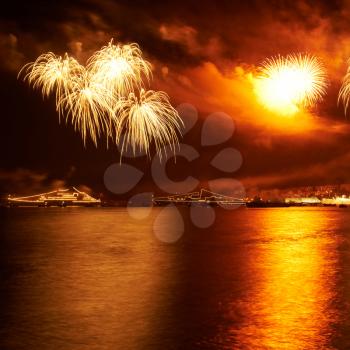 Red colorful fireworks on the black sky background