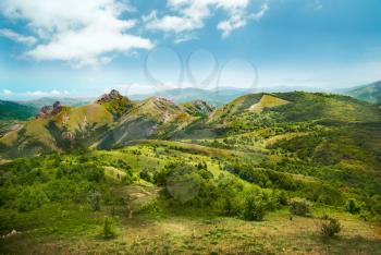 Green mountain covered with forest on the blue sky background