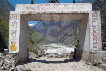 Gate to the Tibetan city. Landscape with Marsyangdi river.