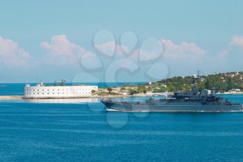 Russian warship go out from the bay.