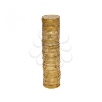 Stacks of golden coins isolated on white.