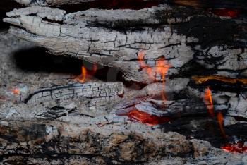 Flame tips on the firewood. 