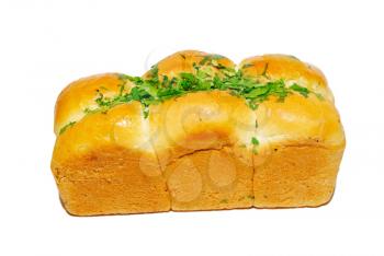 Golden fresh bread with greens isolated on white.