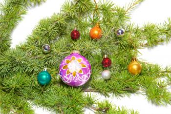 hristmas baubles, fir tree and decoration isolated on white