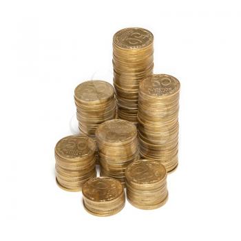 Column of golden coins isolated on white.