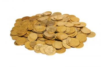 Heap of golden coins isolated on white.