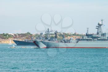Russian navy warship in the Black sea bay