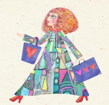 Abstract illustration of young fashionable women with shopping bags, somewhere confidently walking in red shoes. Can be used for printing on various products, as flyer, invitation, sale poster, card.