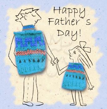 Father and daughter on a walk, happy and smiling to each other. Happy father's day, cartoon illustration with dad and daughter isolated on paper background.