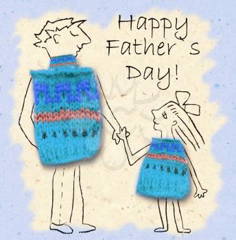 Father and daughter on a walk, happy and smiling to each other. Happy father's day, cartoon illustration with dad and daughter isolated on paper background.