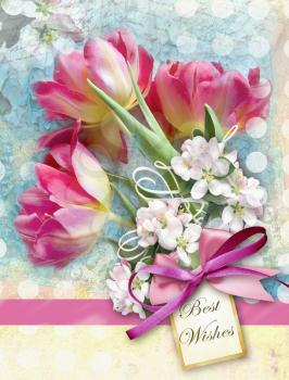 Beautiful card with bouquet of red tulips end other spring flowers with pink bow. Holiday floral background. Can be used as greeting card, invitation for wedding, birthday and other holiday happening.