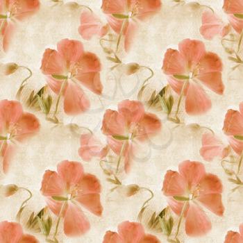 Seamless pattern. Grungy retro background with flowers. A vintage styled collage with flowers, faded handwriting on shabby old paper. Good for wallpaper, fabric, wrapping paper.