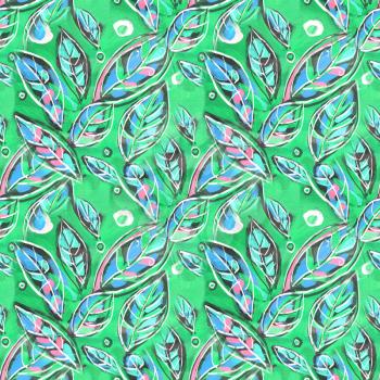 Colorful background with leaves, acrylic painting. Abstract foliage seamless pattern background for your design wallpapers, pattern fills, web page backgrounds, surface