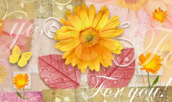 Elegance autumnal postcard with beautiful gerbera flowers, leaves and butterfly. Love floral pattern.Can be used as gift greeting card, invitation for wedding, birthday, other holiday happening