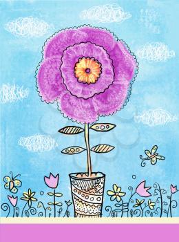 Floral postcard. Beauty flower in a vase. Congratulations card. A Big flower with knitted petals in a pot.