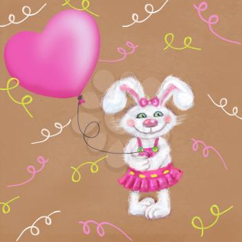 Holiday card with cute white fluffy bunny and pink balloon isolated on a festive background. Can use as a Happy birthday, party, greeting card, invitation, flyer, poster, banner.