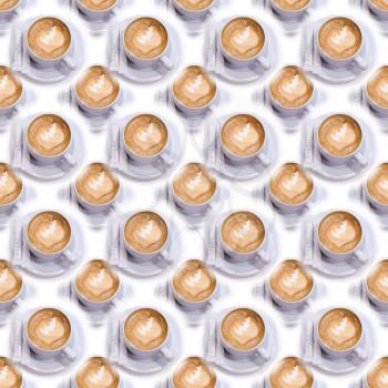 Cup of coffee on a saucer and two sachets of sugar. Seamless pattern. Espresso coffee. Coffee background