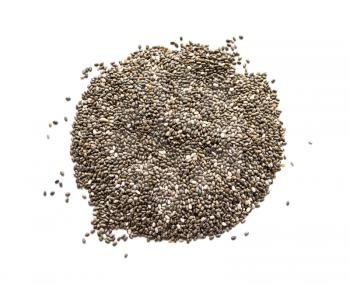 Organic dry chia seeds isolated on a white background. Nutritious chia seeds background. Top view on chia seeds