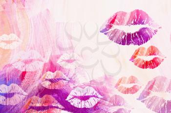 International kissing day background. Illustration with glamorous sensual red lips. Sexy kissing woman lips on grunge background.