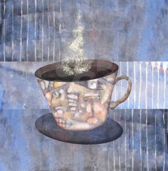 Painting patterned cups of steaming coffee or tea on abstract violet background. Mug of hot drink. Idea concept. Can be used for the kitchen or coffee shop interior, for design menu restaurant or cafe