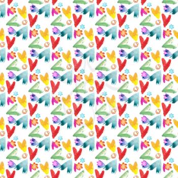 Watercolor abstract seamless pattern on white background. Hand painting on paper. Heart, swirls and flower seamless pattern.