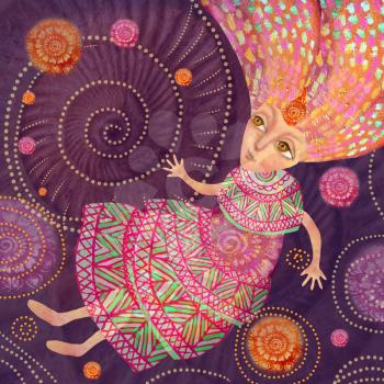 A girl from a fairy tale in an ethnic dress flies in fantastic spheres. Dreamer. Illustration for use in the subject line dancing mandala, energy practices, Mental Immersion Coaching