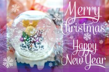 Merry Christmas and Happy New Year festive card with snow globe and Christmas-tree tinsel. Snow glass ball with moose toy. Colorful Christmas poster. Holiday greeting card. Cover, wrapper.