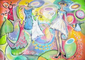 Elegant woman in white dress and hat on shopping. Sale of women's clothing. Colorful painting.