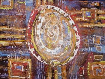 Abstract painting egg. White spiral shaped eggs on brown textured colorful background. Canvas. Picture for the interior, as part of wall decorations.