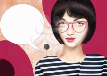 Hand drawn illustration of trendy hipster beauty girl wearing glasses. Smart young short hair women in black and white striped shirt with speech bubble. Can used as flyer, poster, banner, advertising.