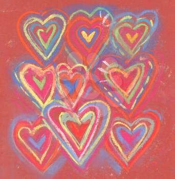 Crayon and pastel grunge abstract valentine hearts. Colorful chalk hearts symbol on red paper. Repeatedly circled shape of heart. Multicolor hand drawn sketch. Love pattern.