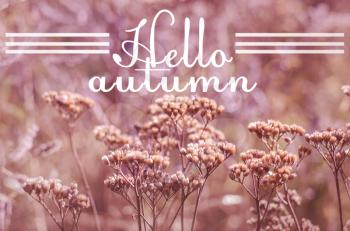 Text hello autumn on blurred autumn photo.September greetings card.