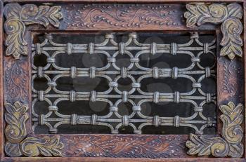 Beautiful antique indian furniture. Old wooden pattern texture. Vintage furniture with ornament. Oriental design, wooden decor.