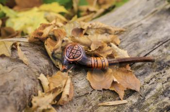 A tube for smoking, made of clay, using Trypillian ornament. Autumn photo