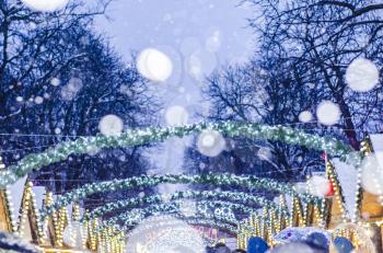 Christmas fair in Lviv. Photo of the European Christmas. Blurred winter holiday photo.